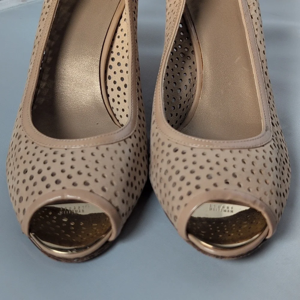 Stuart Weitzman Beige Peep Toe Wedge Sandals Shoes Size 10 M - Picture 5 of 10